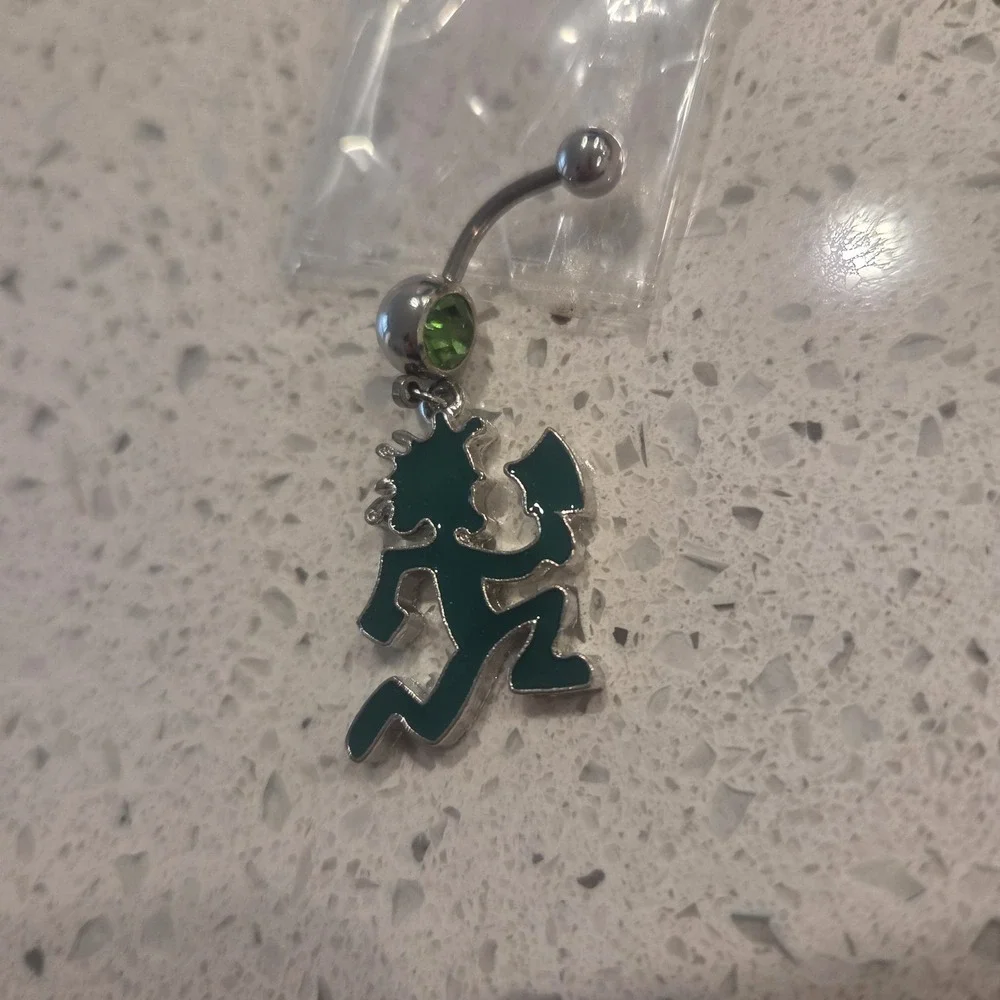 Dark Green Hatchetman Belly Button Ring With Light Green Gem Sparkle Icp Juggalo